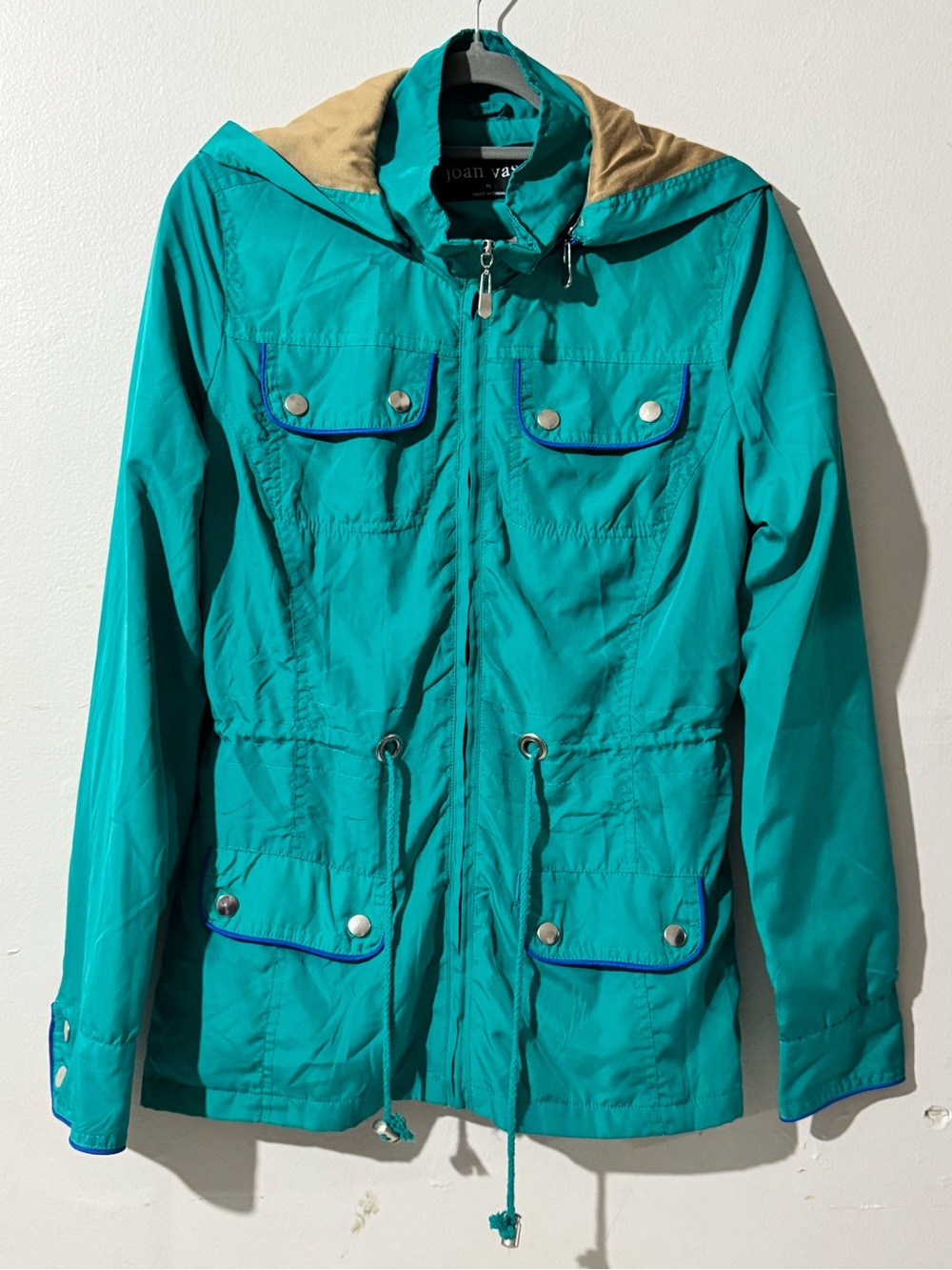 Joan Vass Teal Utility Hooded Anorak with Tan Lining